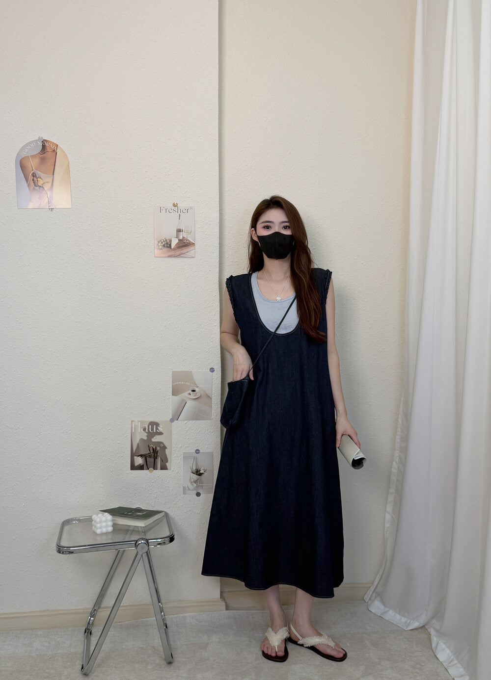 Women's Denim Fake Two-Piece Sleeveless U-Neck A-Line Midi Dress Ruffle Shoulder Detail with Free Mini Bag Dark Navy Blue Grey One Size - Seldom Seen Styles