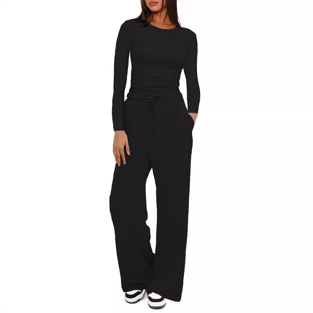 Two-piece Set Women's Solid Ruched Tee & Drawstring Pocket Pants Pajamas Set, Casual Long Sleeve T-shirt & Elastic Waist Trousers, Ladies Sleepwear  Loungewear for All Seasons - Seldom Seen Styles