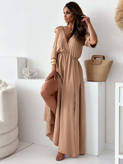 off the shoulder maxi dress long modest dress Mid-Length Dress with Five-Quarter Sleeves