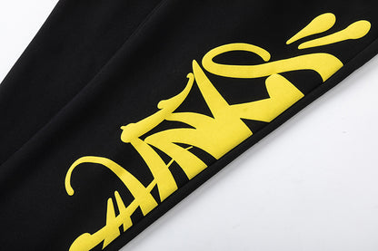 Black and Yellow Graphic Hoodie and Joggers Tracksuit Set, Kangaroo Pocket Two Piece Streetwear Outfit