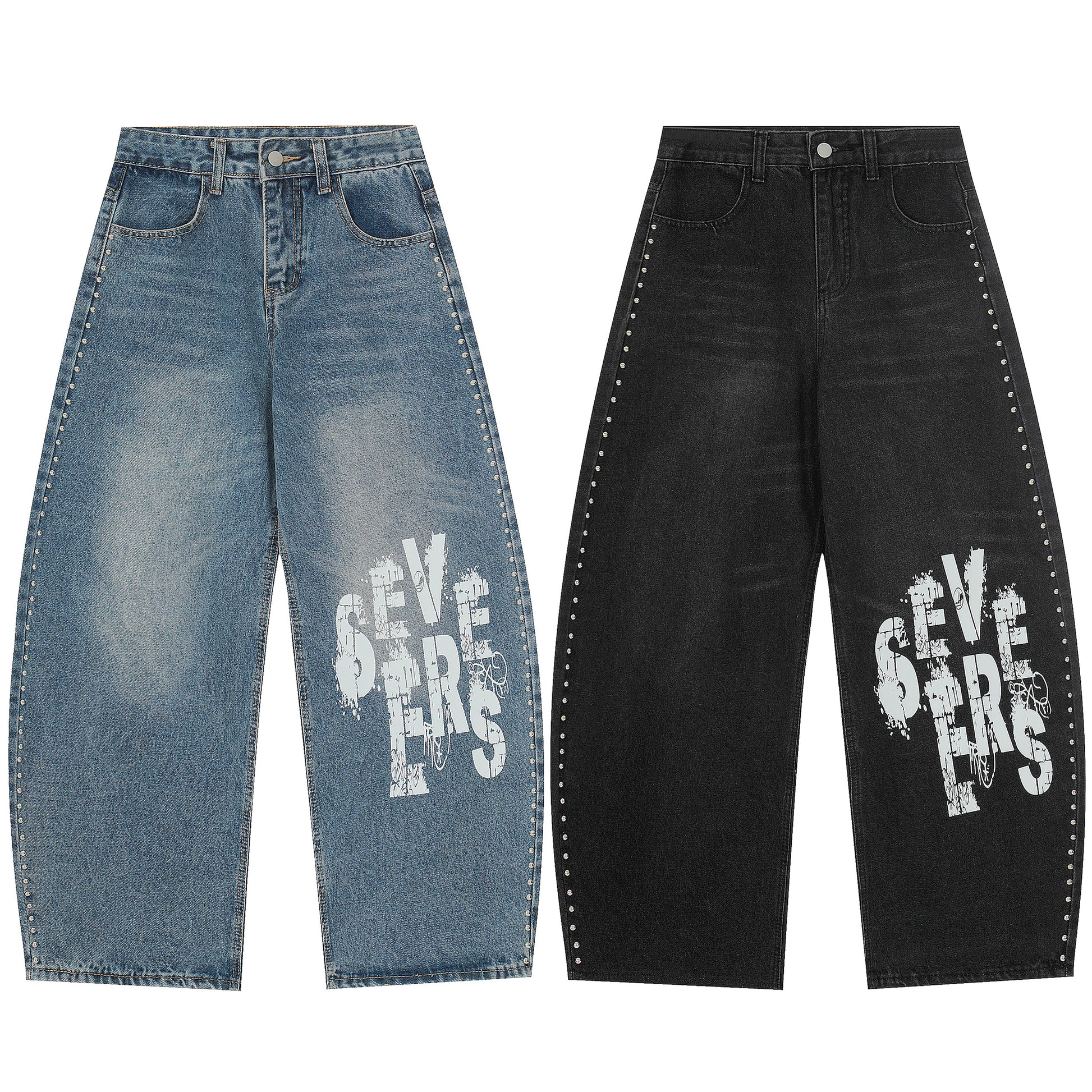 Severs Graffiti Rivet Side Seam Wide Leg Jeans - Black Front Detail