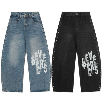 Severs Graffiti Letter Print Rivet Side Seam Wide Leg Barrel Jeans High Waist Washed Y2K Streetwear