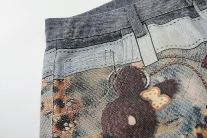 Women's Allover Graphic Print Bear Charm Chain High Waist Wide Leg Denim Shorts Y2K Streetwear Bermuda Jean Shorts