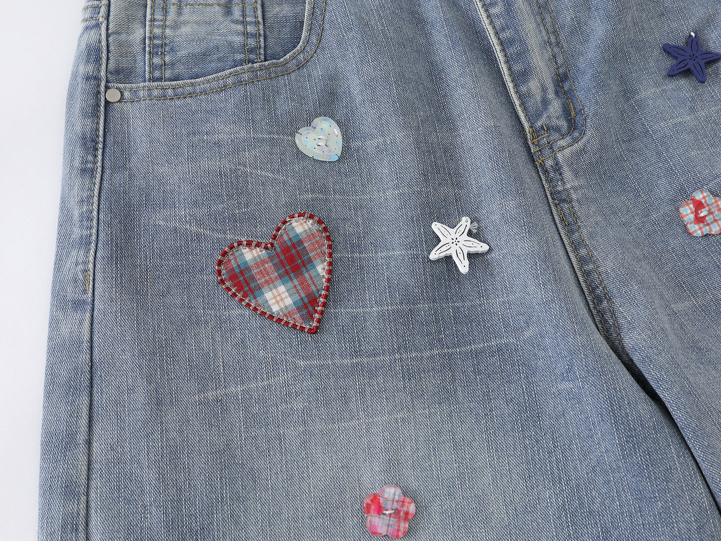 Heart Star Embroidery Patch Wide Leg Jeans Kawaii Colorful Applique High Waist Baggy Denim Pants Streetwear Barrel Trousers | Heart Scatter