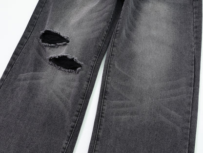 Distressed Ripped Wide Leg Jeans High Waist Washed Black Sandy Fade Black Patch Pocket Streetwear Denim Trousers | Void Rip