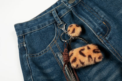 Leopard Patchwork Raw Edge Wide Leg Barrel Jeans Charm Pendant High Waist Washed Y2K Streetwear