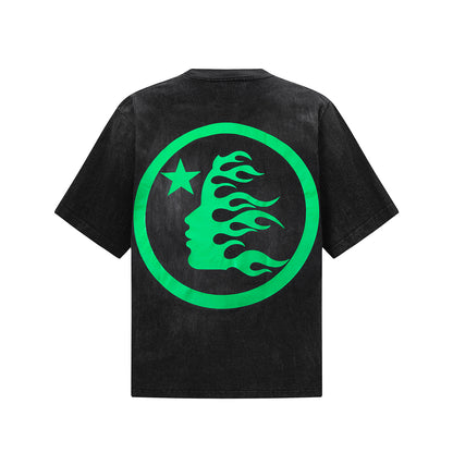 Washed Graphic Print Short Sleeve T-Shirt Flame Face Circle Logo Street Casual Unisex Tee | Green Flame
