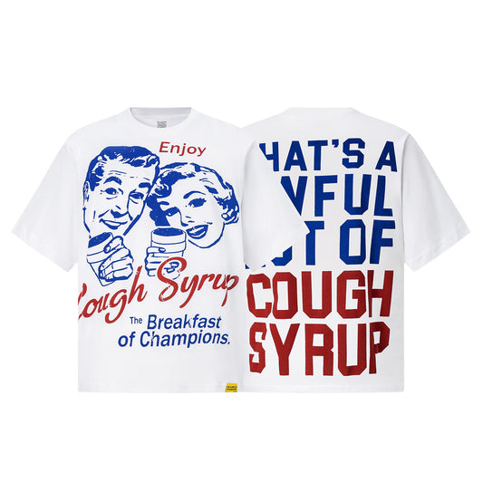 White crew neck graphic T-shirt with colorful Cough Syrup lettering and vintage-style illustrated coffee graphic - view 8