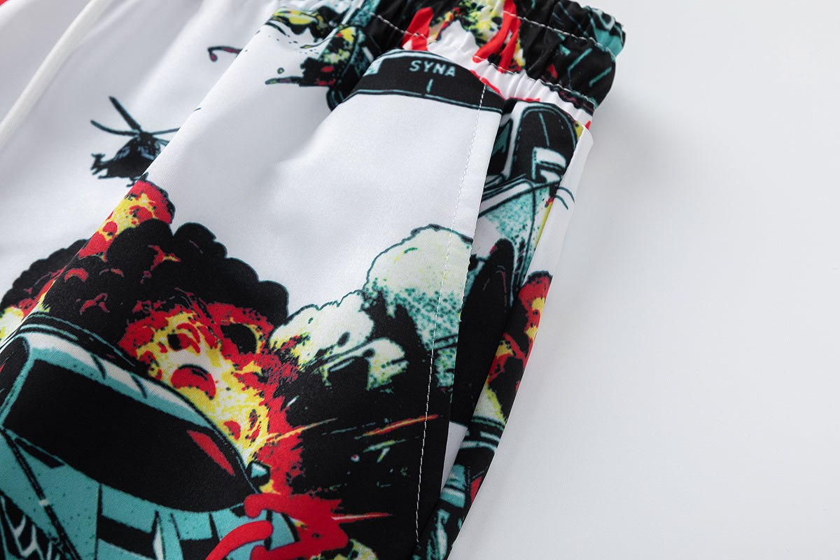 White graphic shorts with colorful cars, explosions, helicopters, elastic waistband, drawstring, and side pockets - view 8