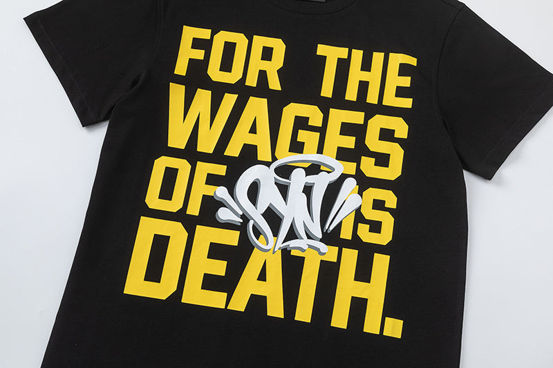 Black crewneck short sleeve T-shirt with yellow text graphic and white graffiti-style chest artwork - view 8
