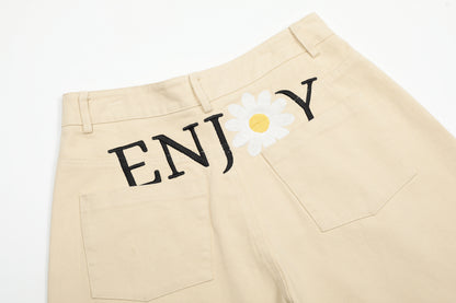 Women's ENJOY Daisy Flower Embroidery High Waist Wide Leg Shorts Casual Streetwear Summer Bermuda Shorts