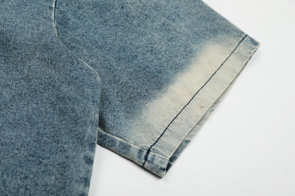 ShinMaxdepy Embroidered Letter Washed Denim Polo Shirt Oversized Short Sleeve Streetwear Y2K Vintage Summer Top | Shine Polo