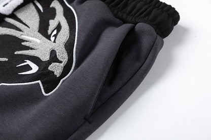 Black and Charcoal Panther Graphic Hoodie and Joggers Tracksuit Set, Drawstring Two Piece Streetwear Outfit