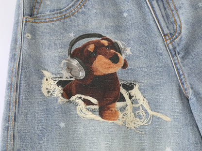 3D Plush Bear Peek Hole Denim Shorts Star Print Distressed High Waist Casual Streetwear Baggy Jean Shorts | Peek Bear