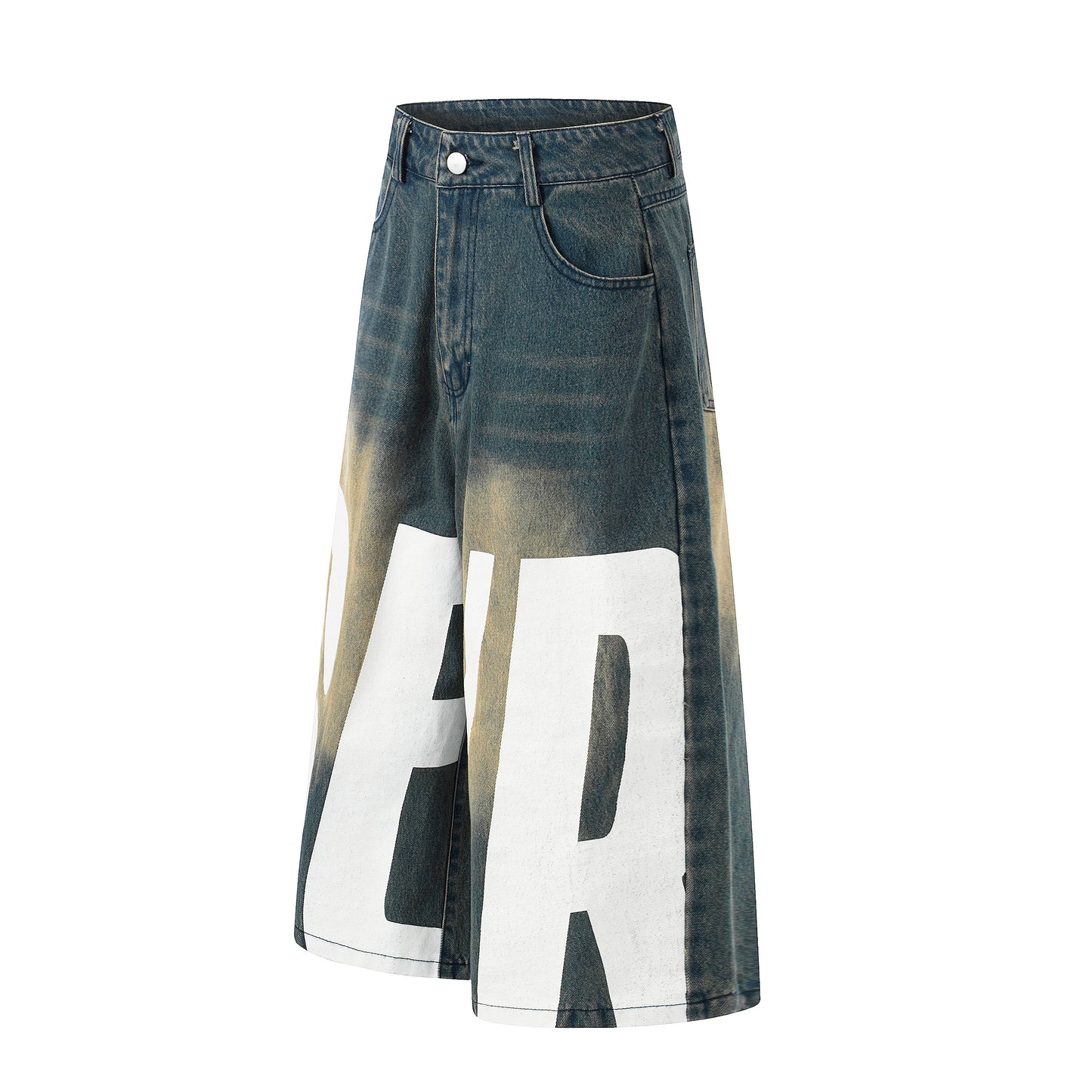 Letter Print Wide Leg Denim Shorts - Black Front