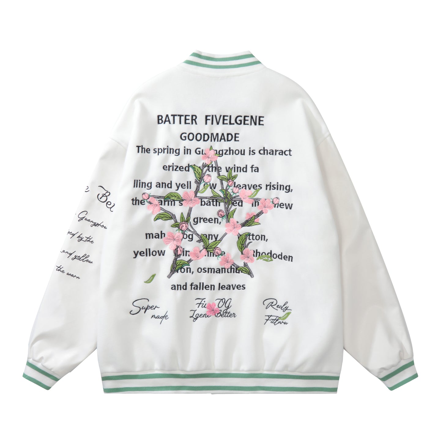 Green baseball jacket front FIVE floral embroidery FIVELGENE