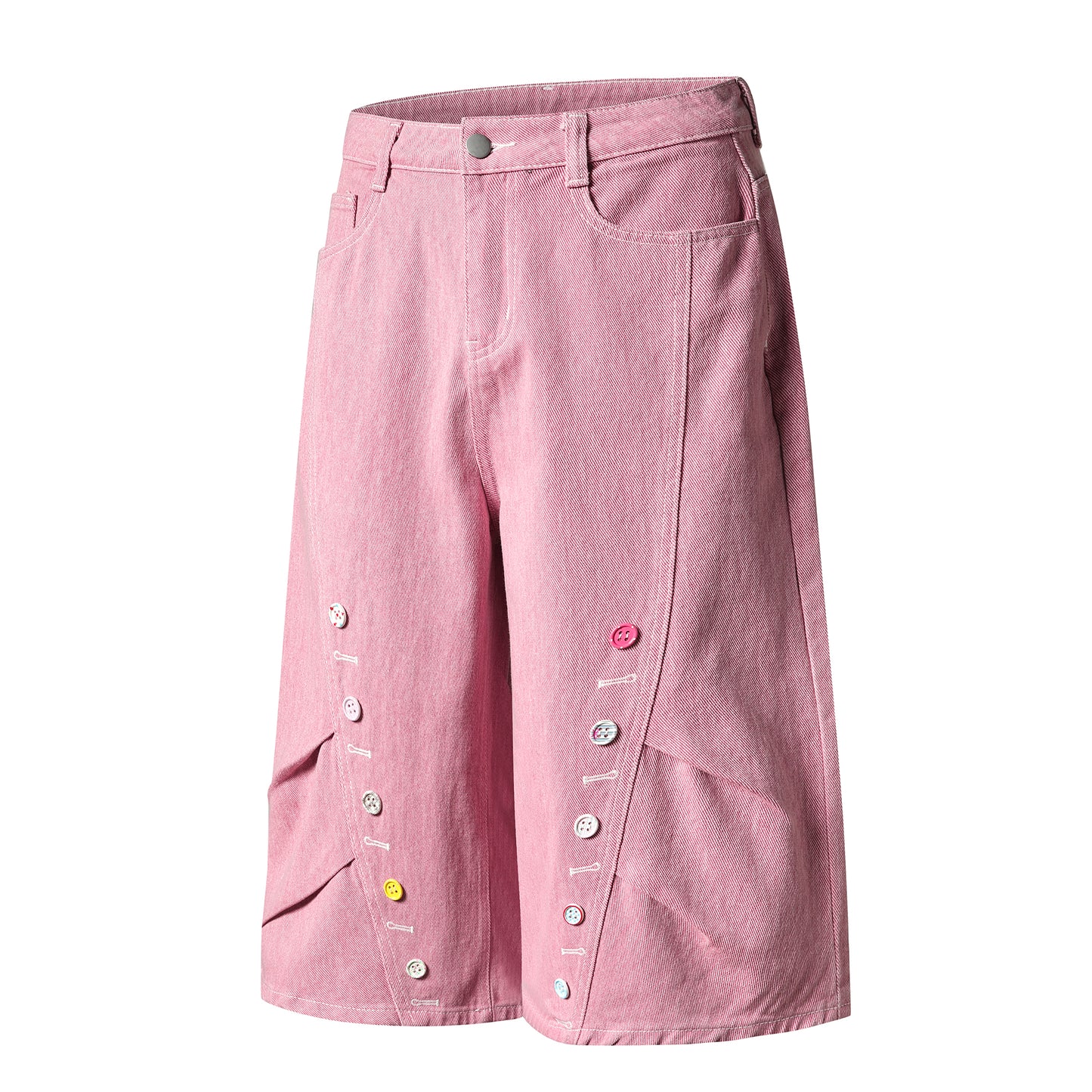 Button Row Wide Leg Denim Shorts - Pink Detail