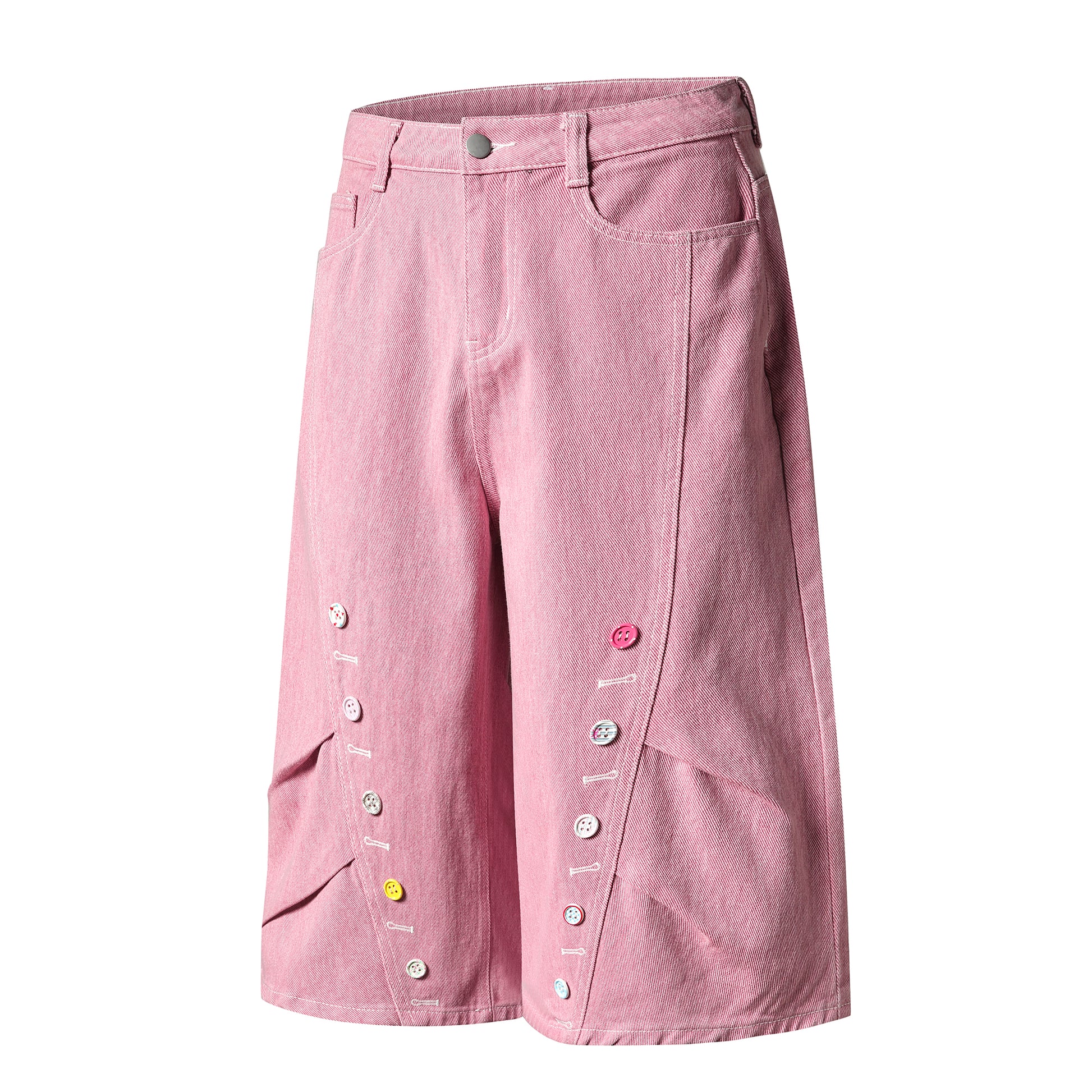 Button Row Wide Leg Denim Shorts - Pink Detail