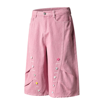 Colorful Button Embellished Wide Leg Denim Shorts Arc Seam Detail High Waist Casual Streetwear Baggy Jean Shorts | Button Row