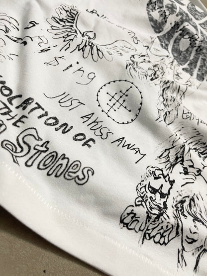 Rolling Stones Graphic Rhinestone Print Long Sleeve Oversized Tee Vintage Washed Cotton Retro Streetwear Top | Stone Drip