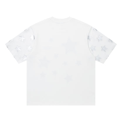 DuoMatch Suspend Luck Tartan Star Applique Oversized Tee Plaid Patch Allover Star Print Streetwear Short Sleeve T-Shirt