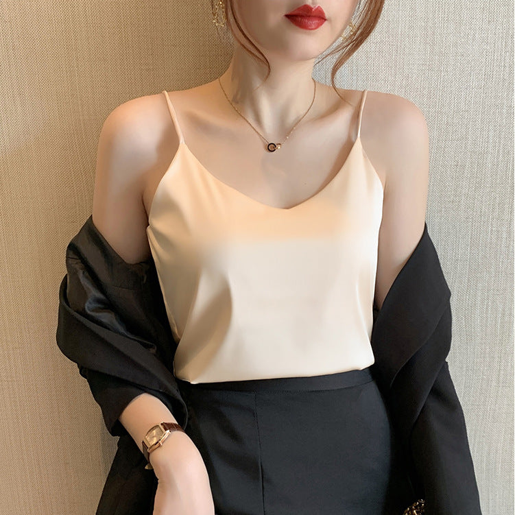 Womens Silk Satin Camisole Cami Plain Strappy Vest Top T-Shirt Blouse Tank Shirt V-Neck Spaghetti Stra