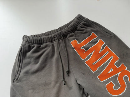 Saint Michael Orange Block Print Washed Shorts Oversized Cotton Terry Drawstring Distressed Streetwear | Saint Orange