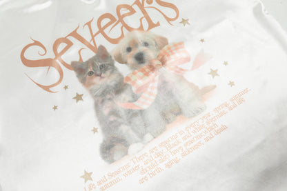 Seveers Cat Dog Print V-Neck Studded Contrast Collar Oversized Tee Short Sleeve Y2K Harajuku