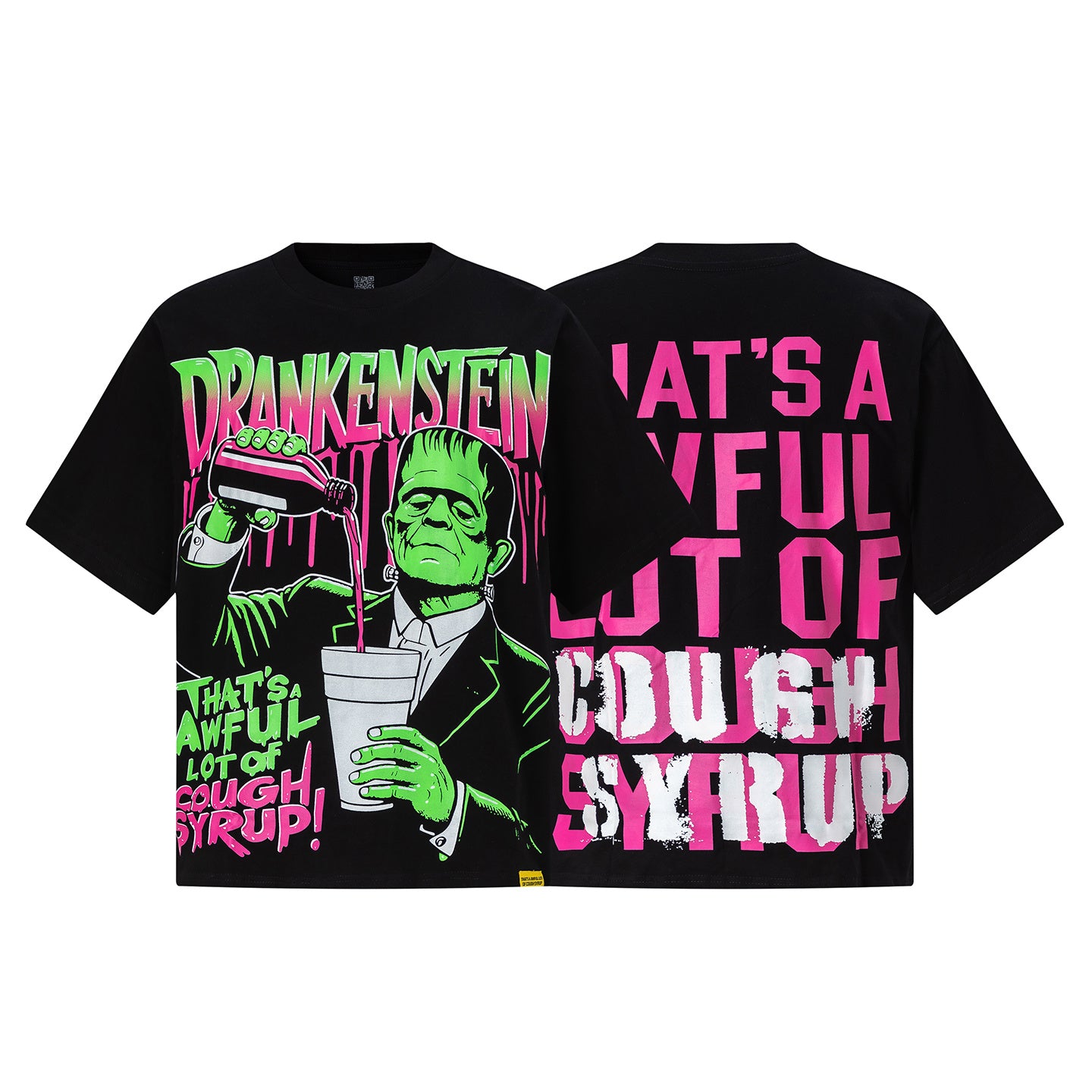 Black oversized graphic T-shirt with pink and white That's an Awful Lot of Cough Syrup slogan print - view 8