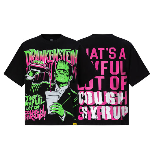 Black oversized graphic T-shirt with pink and white That's an Awful Lot of Cough Syrup slogan print - view 8