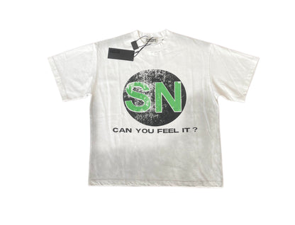 Satoshi Nakamoto SN Circle Logo Can You Feel It Tee Off-White 280g Washed Distressed Torn Collar Raw Edge Streetwear | SN Feel It Tee