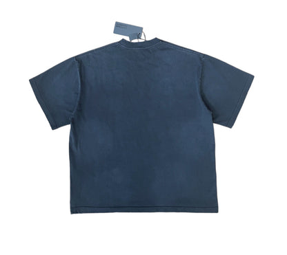 Satoshi Nakamoto Stack Letter Logo Tee Washed Navy 300g Heavy Cracked Print Distressed Raw Hem Streetwear Short Sleeve | Stack Reality Tee
