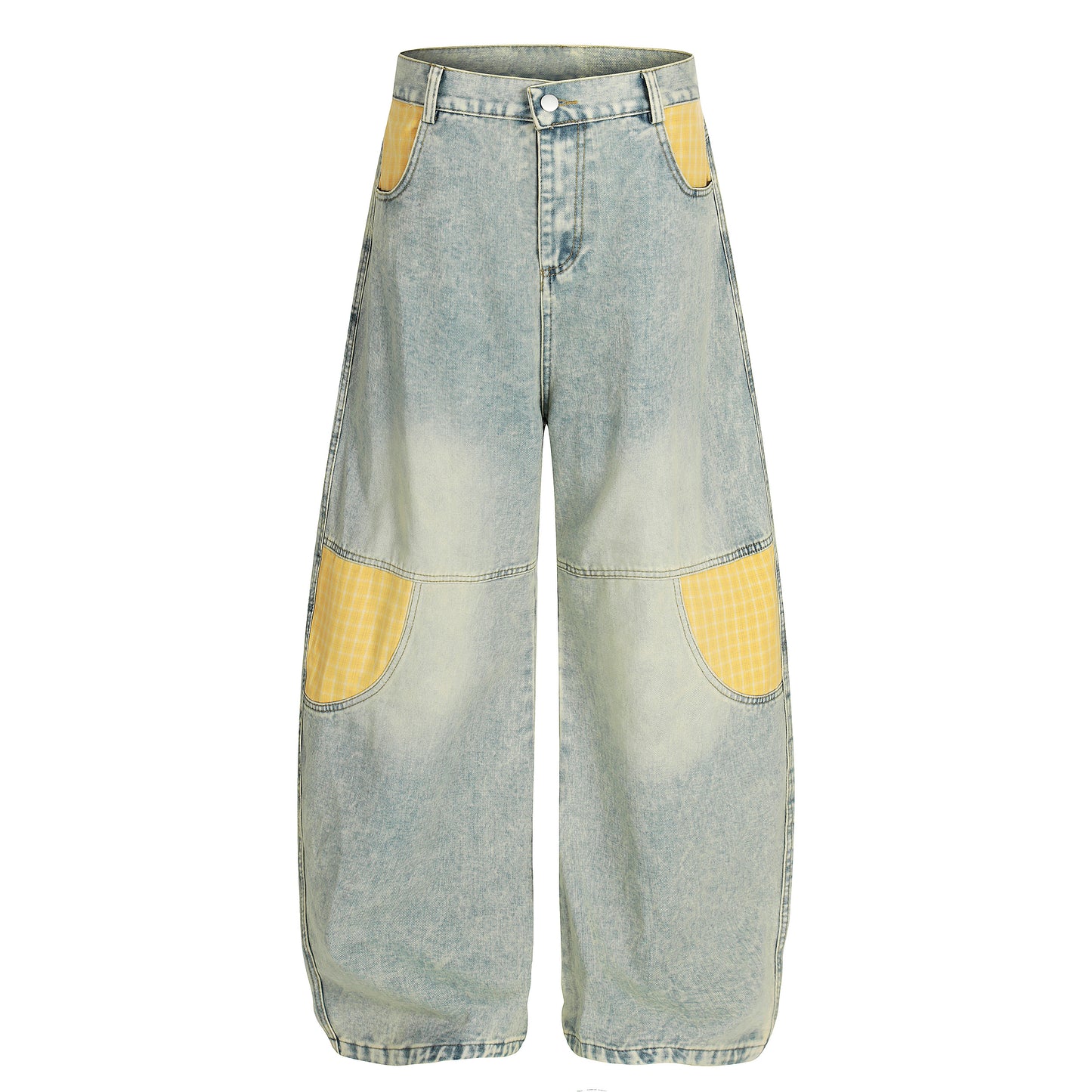 Yellow plaid patchwork wide leg denim jeans - front view