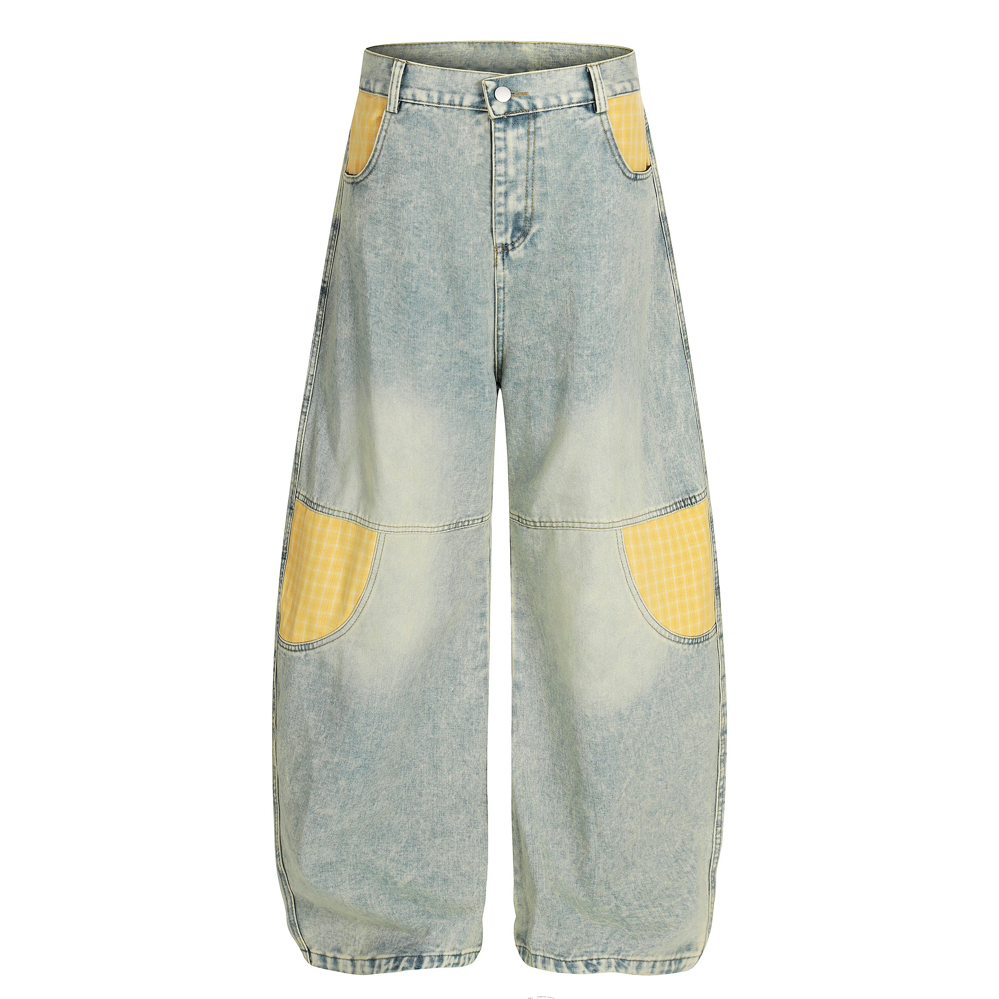 Yellow plaid patchwork wide leg denim jeans - front view