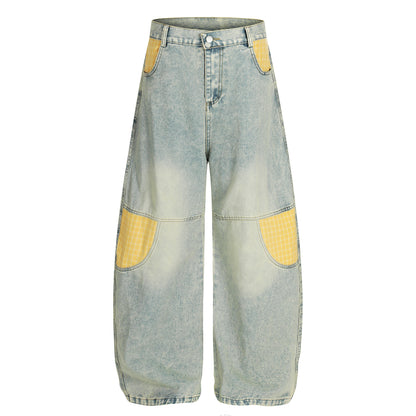 Yellow Plaid Patchwork Wide Leg Denim Jeans High Waist Washed Barrel Streetwear Y2K Casual Pants | Sunny Barrel