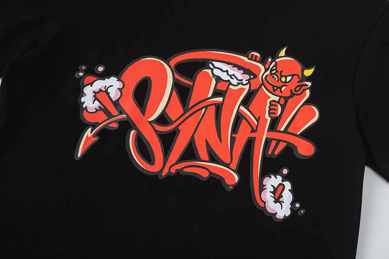 Black crew neck short sleeve graphic T-shirt with orange graffiti-style front print - view 8