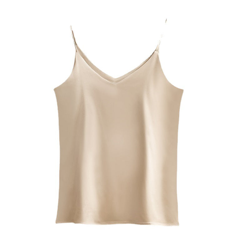 Damen Camisole aus Seidensatin, einfarbig, Trägertop, T-Shirt, Bluse, Tanktop, V-Ausschnitt, Spaghettiträger