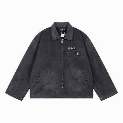 ERD Detroit Canvas Jacket Oversized Washed Denim Collar Zip Up Streetwear Coat Unisex Heavy Distressed | ERD Detroit