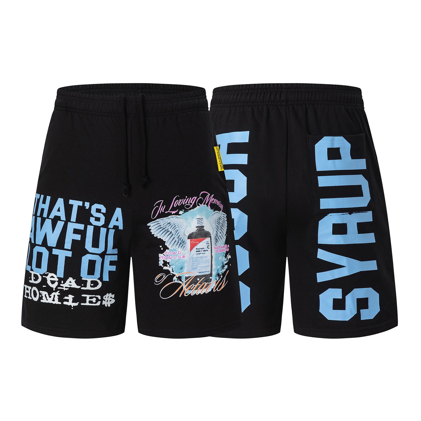 Men's black graphic shorts with light blue lettering, bottle-and-wings print, drawstring waist, and rear patch pocke - view 8