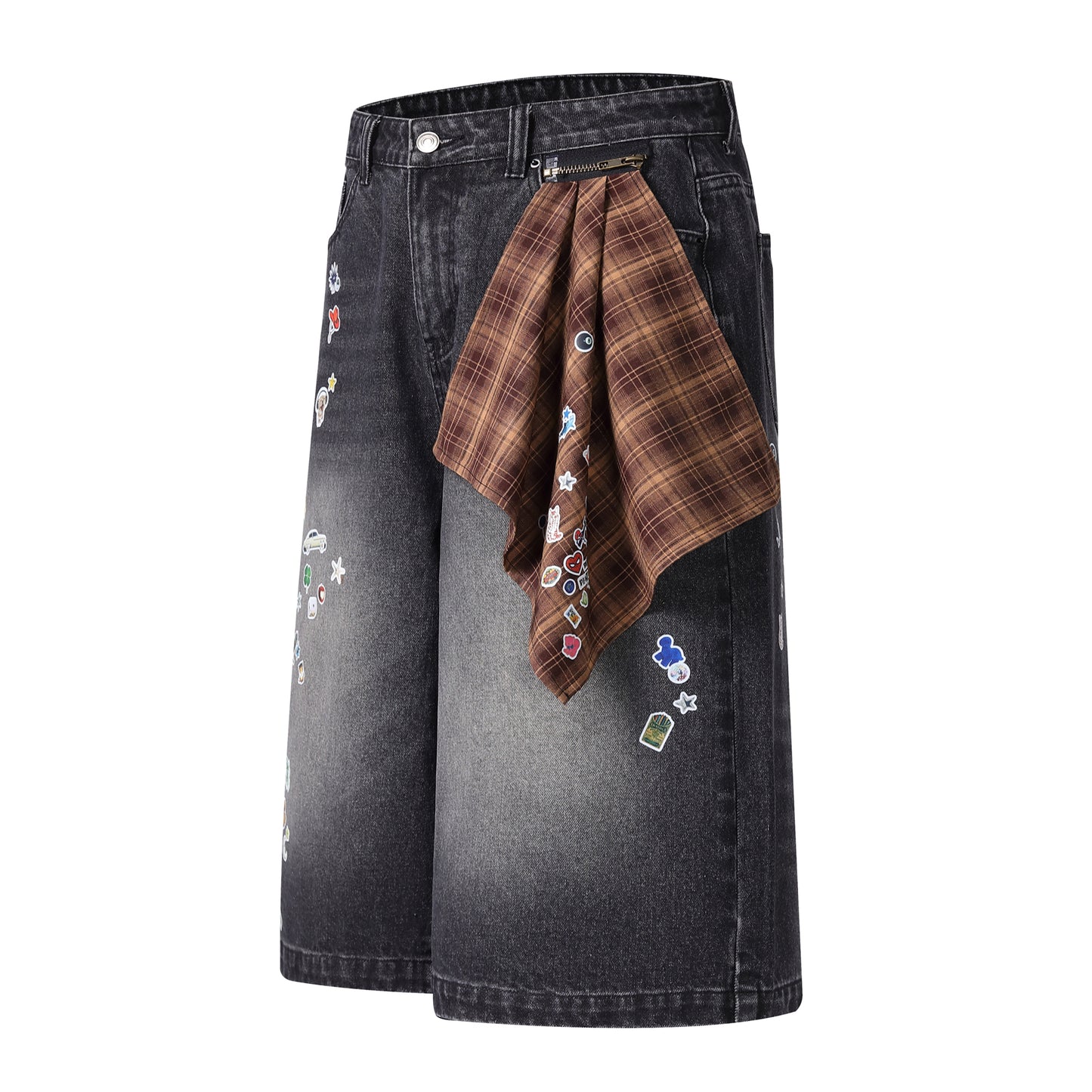 Sticker Hanky Cartoon Wide Leg Denim Shorts - Both Colors