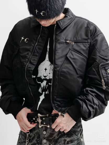 Thug Club Bomber Jacket Oversized Nylon Multi-Pocket Zip Up Streetwear Coat Vintage Bronze Hardware | Thug Bomber