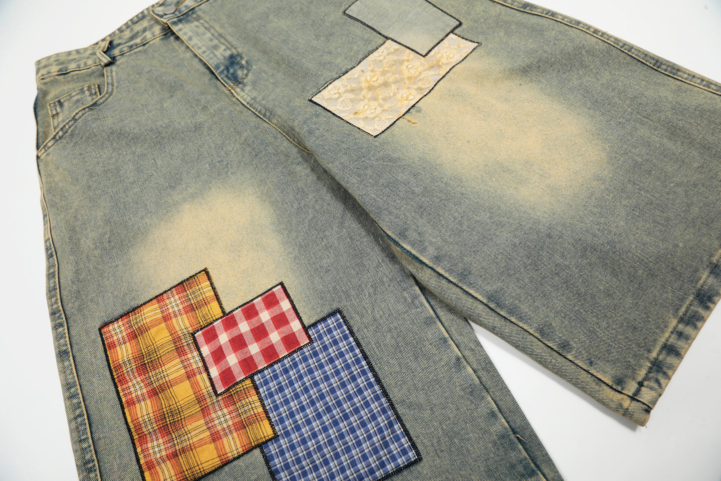 Women's Multicolor Plaid Patchwork Wide Leg Denim Shorts High Waist Y2K Vintage Wash Baggy Jean Shorts
