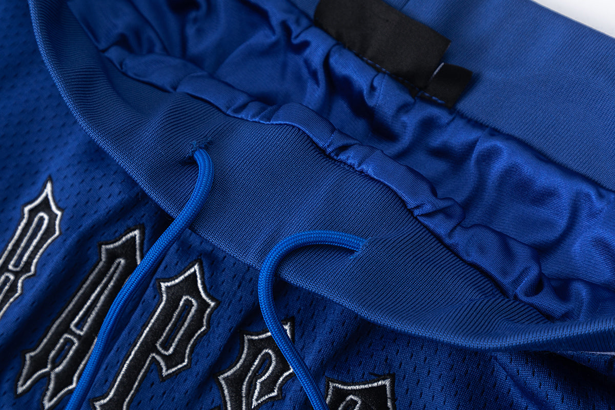 Blue graphic mesh basketball shorts with striped waistband and hem trim - view 8