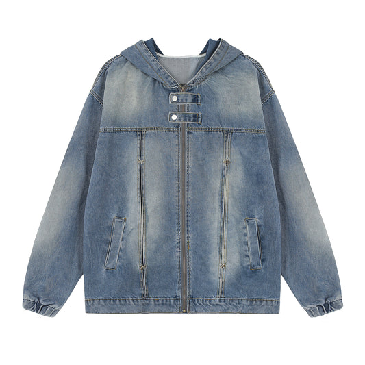 Washed denim hooded jacket light blue - front