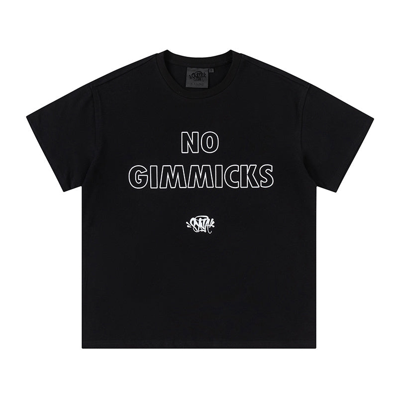 Black unisex crew neck T-shirt with outlined No Gimmicks graphic on front - view 8