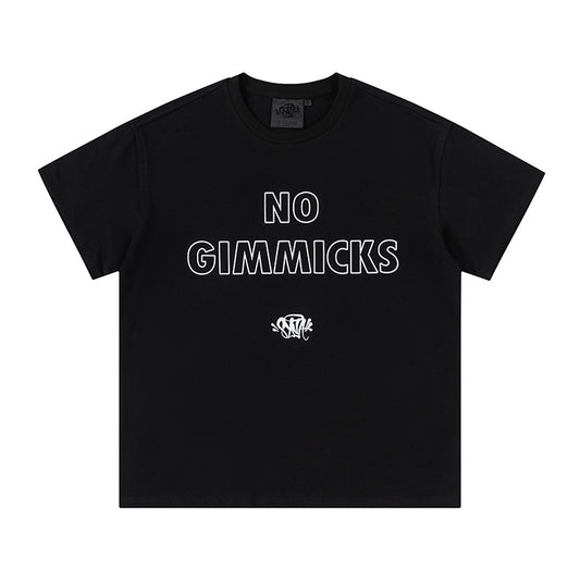Black unisex crew neck T-shirt with outlined No Gimmicks graphic on front - view 8