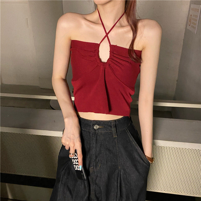 Summer New European and American small low-cut drawstring multi-wear halter vest women's figure-flattering belly-exposing short top