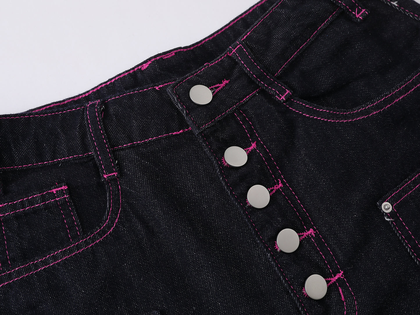 Heart Pocket Guitar Embroidery Wide Leg Denim Shorts Pink Stitch Button Fly Rhinestone Streetwear Baggy Jean Shorts | Rock Heart