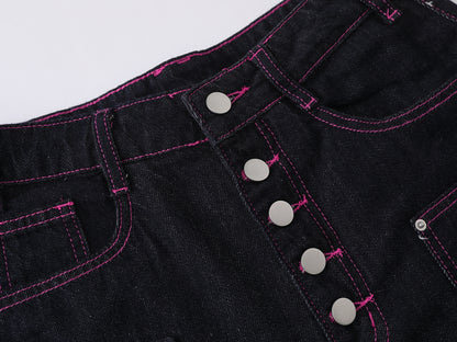 Heart Pocket Guitar Embroidery Wide Leg Denim Shorts Pink Stitch Button Fly Rhinestone Streetwear Baggy Jean Shorts | Rock Heart
