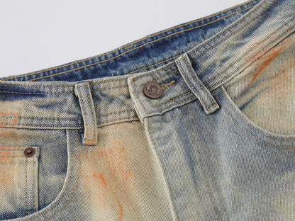 Tie Dye Orange Splash Wide Leg Baggy Jeans Washed Denim High Waist Streetwear Y2K Casual Pants